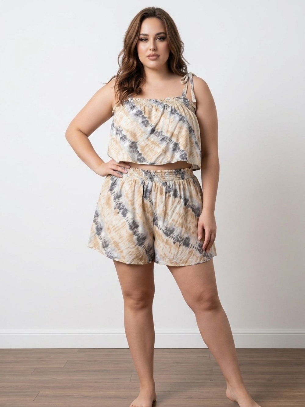 Time and Tru Beige and Gray Smocked Waist Camisole And Shorts Set
